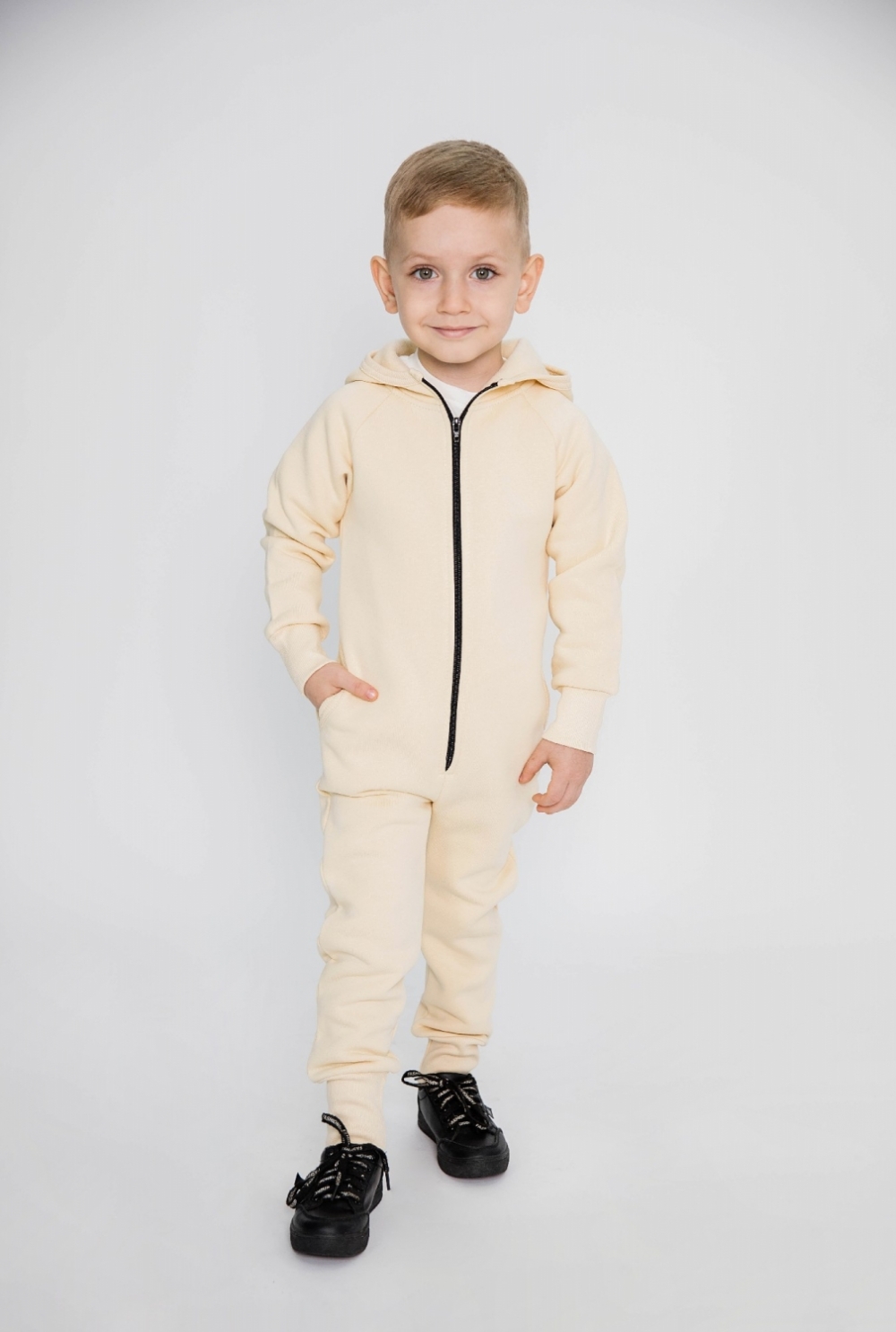 318-СЛ. Комбинезон на молнии с капюшоном, сливочный, хлопок 65%, 35% ПЭ, 3 нитка толстовка (начёс) 86,92,98,104